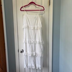 Aqua Women's White Ruffle Eyelet Long‎ Straight Dress Size Large